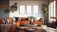 Interior Design Of A Sophisticated And Cozy Living Room With A Brown Leather Sofa, Rustic Wood Coffee Table And Poster Frames | Modern And Luxurious Living Room | Generative Ai | Interior Décor
