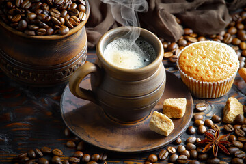 Wall Mural - Espresso coffee with coffee beans on old background.