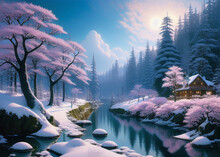 A Painting Of A River Surrounded By Snow Covered Trees, Symmetric Matte Painting, Airbrush Painting, Cinemascope Panorama, During Spring