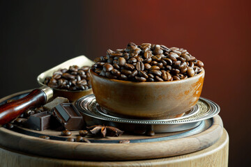 Wall Mural - Espresso coffee with coffee beans on old background.