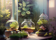 a couple of glass vases sitting on top of a window sill, moss terrarium, holding miniature earth in hands, panoramic anamorphic, made with unreal engine