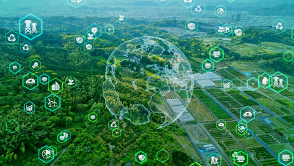 Aufkleber - Green forest aerial view and environmental technology concept. Green tech. Ecology. Green transformation. GX. SDGs.