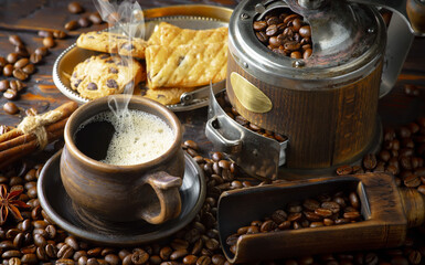 Wall Mural - Espresso coffee with coffee beans on old background.