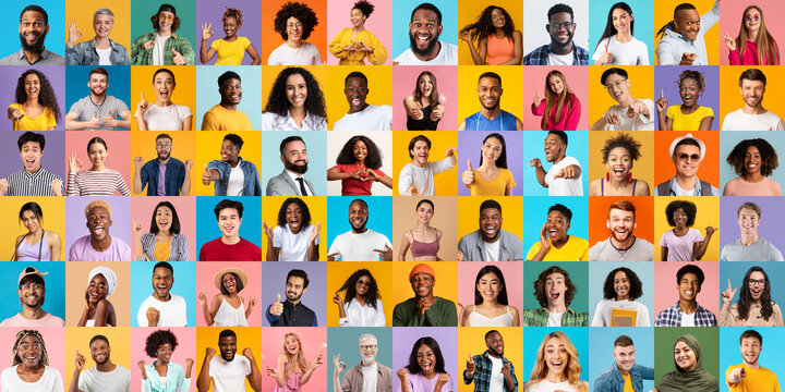happy excitement. portraits of joyful multiethnic men and women on colorful backgrounds