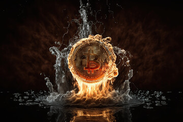 Bitcoin in fire flame and water splashes, lights and explosion coin, Cryptocurrencies concept on the dark background, created with Generative AI