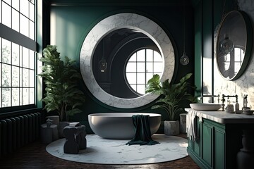 Wall Mural - Bathroom in the loft, decorated in white marble and dark green, featuring a sink, a round mirror, and a tub situated close to a loft window. The action is magnified. Generative AI