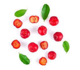 Wall Mural - Top view of Barbados cherry, Ripe thai cherry on white background