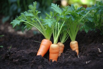 Poster - Fresh, unripe baby carrots in the garden. Carrots' newly emerged green leaves after sowing. Generative AI