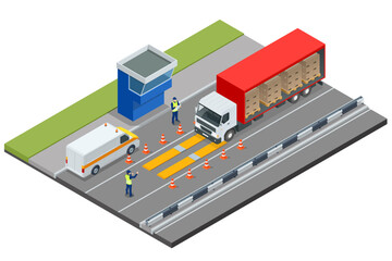 Isometric Container car on the weighing scale Cargo transport, Truck trailer with container. Loaded trailer truck on weighbridge. Weighing control platform.