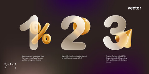 Business process chart infographics with 3 step with golden percentage sign in glassmorphism style.