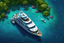 Beautiful Wooden Deck Yacht At Anchor In The Stunning Blue Bay Of The Island, Viewed From Above. Generative Ai