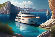 A Large Beautiful Yacht Is Moored In A Beautiful Bay With Turquoise Clear Water. Generative Ai