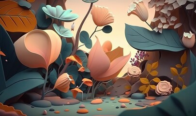 Canvas Print -  a digital painting of flowers and rocks in a forest at sunset.  generative ai