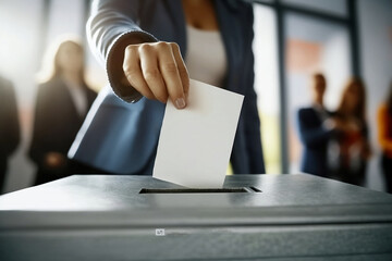 close-up of hand inserting ballot into ballot box. generative ai