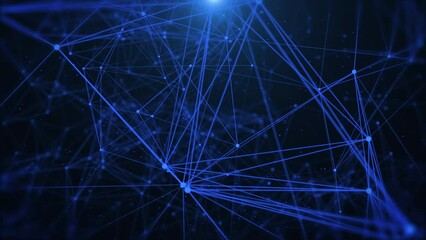 Leinwandbilder - Abstract low polygonal blue cyberspace network connection flowing and moving object from left to right side. Plexus structure with horizontal flickering lens flare 4K motion background.