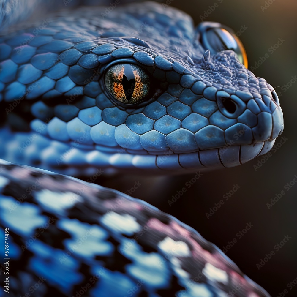 Vipera Python Stock-Illustration „Blue viper snake closeup face snakeskin portrait ...