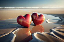 Two Red Hearts On The Beach. Realistic Ilustration. Generative Ai