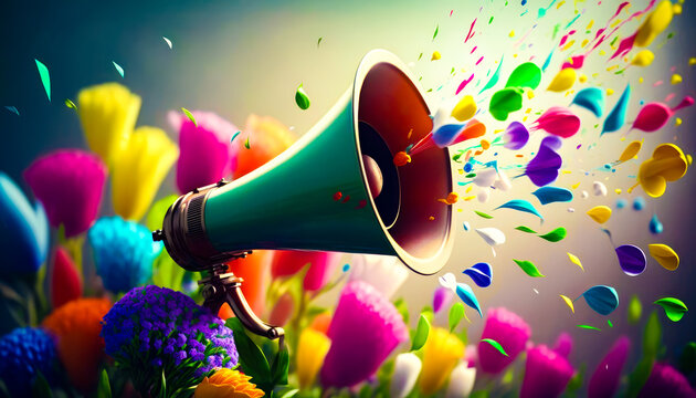 colorful background with colorful flower and megaphone. generative ai.