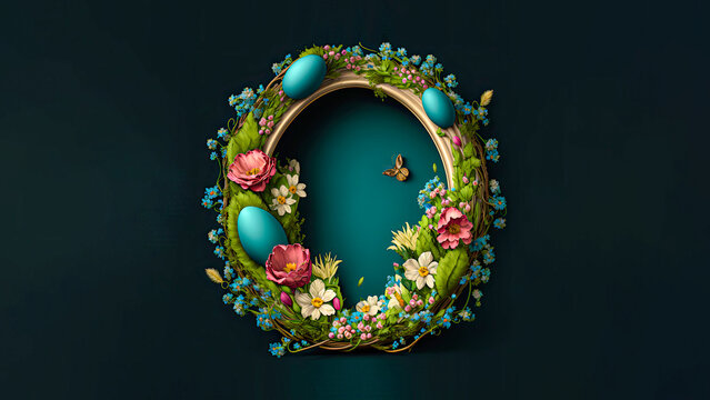 3d render of colorful eggs, flowers decorative wreath with butterfly character on teal background an