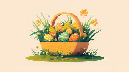 Canvas Print - Illustration of Colorful Floral Easter Eggs Basket On Grass Against Cosmic Latte Background And Copy Space. Happy Easter Day Concept.