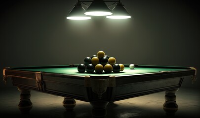  a pool table with eight balls on it and two lamps above it.  generative ai