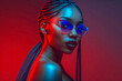 Young African American woman wearing blue glasses in soft red nightclub light. AI generated illustration.