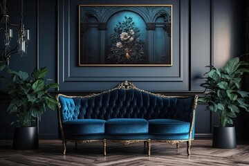 Canvas Print - Salon decor for selling and displaying furniture. Exposed for sale in a home furnishings shop is a navy blue sofa, settee, or couch. Coziness as it relates to the inside of a home, including its desig