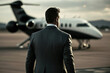 A rich person in business suit is standing on airport runway in front of the private jet. The Billionaire, businessman successful concept scene. Generative Ai image.	
