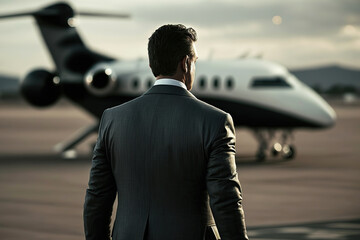 a rich person in business suit is standing on airport runway in front of the private jet. the billio