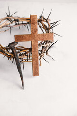 Poster - Jesus Crown Thorns and nails and cross on a white background. Crucifixion Of Jesus Christ. Passion Of Jesus Christ. Concept for faith, spirituality and religion. Easter Day