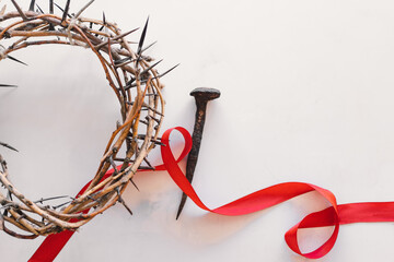 Sticker - Jesus Crown Thorns and nails and cross on a white background. Crucifixion Of Jesus Christ. Passion Of Jesus Christ. Concept for faith, spirituality and religion. Easter Day