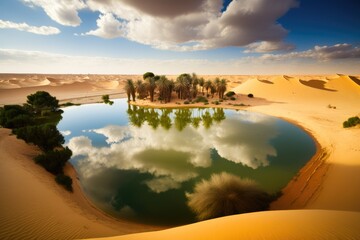 Poster - Picturesque Oum al Maa oasis lake in the middle of the Ubari Sand Sea in Libya's Sahara Desert, seen from end to end. Generative AI