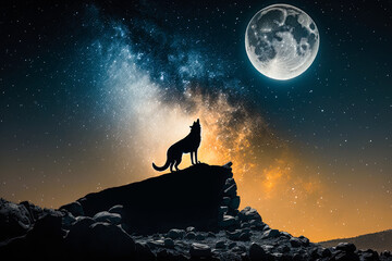 Wall Mural - A lone wolf howling at the moon on a rocky hilltop under a starry sky - Generative AI