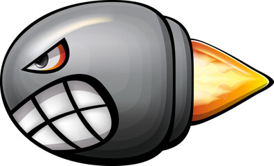 Vector cartoon gun bullet with fire bullet trail isolated on white background. Angry flying Bullet character with mouth, teeth, eyes and fangs. Hand drawn strike bullet