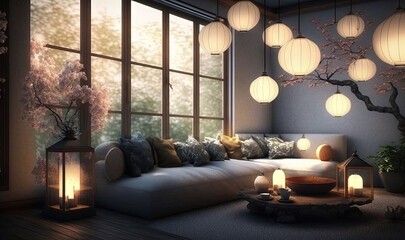 Wall Mural -  a living room filled with lots of furniture and lanterns hanging from the ceiling.  generative ai