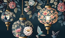  A Group Of Hanging Lights With Flowers And Birds On Them.  Generative Ai