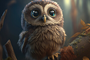 Adorable baby owl perched on a tree branch with big round eyes staring straight at the camera, generative ai
