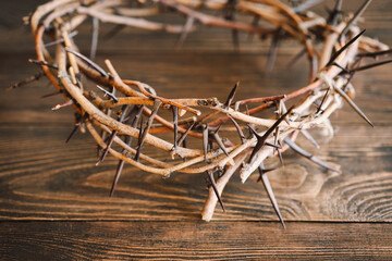 Wall Mural - Jesus Crown Thorns and nails and cross on a wood background. Crucifixion Of Jesus Christ. Passion Of Jesus Christ. Concept for faith, spirituality and religion. Easter Day