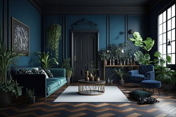 Canvas Print - The dark blue walls and tile floors of the living room are vacant, but for some plants and furniture placed on the floor. Generative AI