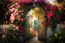 A Secret Garden Hidden Behind A Trellis Covered In Vibrant Pink Roses - Generative AI