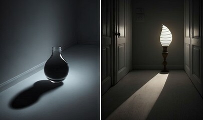 Sticker -  a dark room with a vase and a light coming through the door.  generative ai