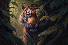 Fierce Tiger Peeking Out From Behind A Dense Bush In The Jungle, Generative Ai