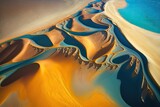 Fototapeta  - From the abstract to the realistic, this aerial photograph of an African desert mimics the patterns and colors of a seascape. Generative AI