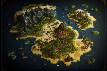 3d rendered fantasy map | magical world filled with lush forests, towering mountains, sprawling citi