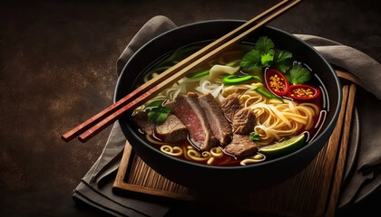 Delicious asian classic soup with noodles and meat and wooden chopsticks. Copy space. Based on Generative AI