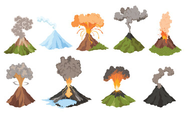 Volcano icons. Magma nature blowing up with smoke. An awakened vulcan activity fire and smoke elements. Volcano eruption set. Flat cartoon vector isolated illustration