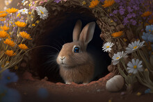 Shy Rabbit Peeking Out Of A Cozy Burrow In A Meadow Surrounded By Colorful Wildflowers And A Clear Blue Sky Above, Generative Ai