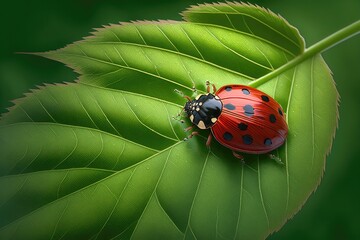 Wall Mural - Ladybug on a leaf. The bright red and black polka dots of the ladybug contrast beautifully against the green leaf background. Generative AI