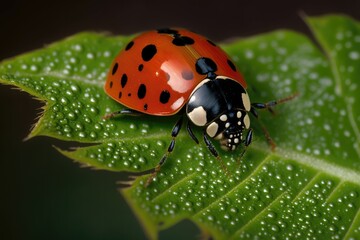 Wall Mural - Ladybug on a leaf. The bright red and black polka dots of the ladybug contrast beautifully against the green leaf background. Generative AI