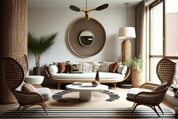 Wall Mural - Modern wicker furniture and carpet in a chic living room. Generative AI